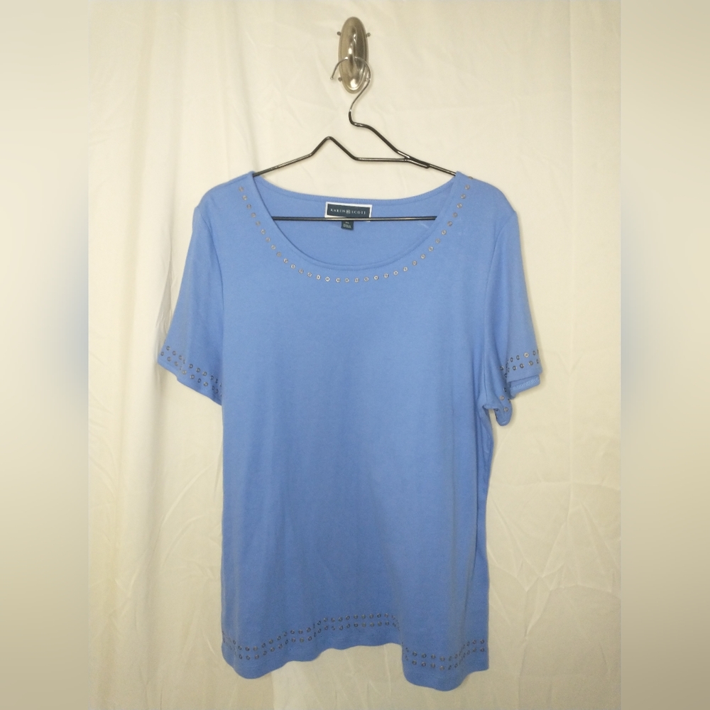 Women's Karen Scott Blue Short Sleeve Top with Metal Grommet Accents